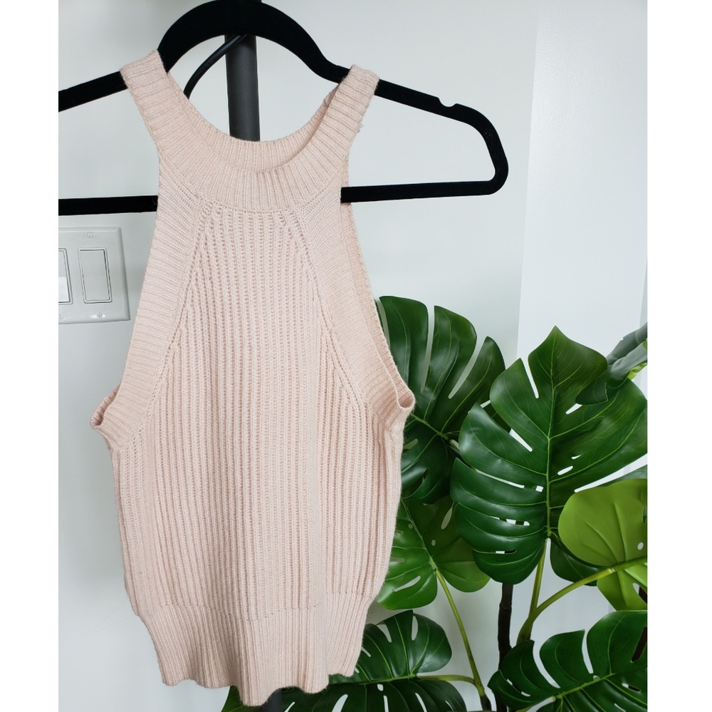 Pink Knit Ribbed High Neck Tank Top